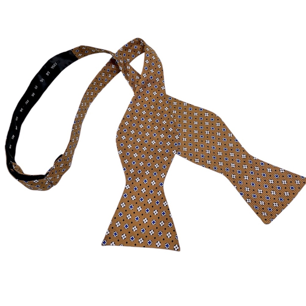 Gold Blue White Geometric Pattern 100% Silk Bow Tie